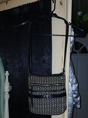 Patterned Black and Cream Crossbody Bag with Adjustable Strap